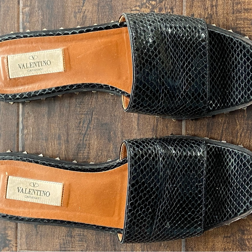 Valentino Black Snake-Embossed Slide Sandals with Gold Studs